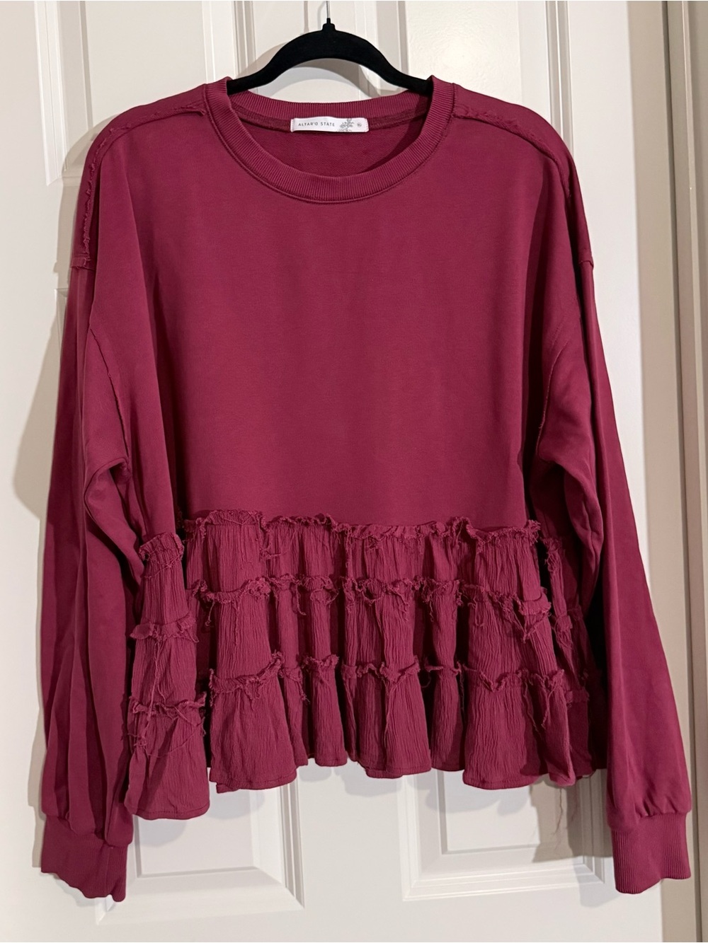 Altar'd State Deep Plum Red Ruffled Tiered Sweatshirt